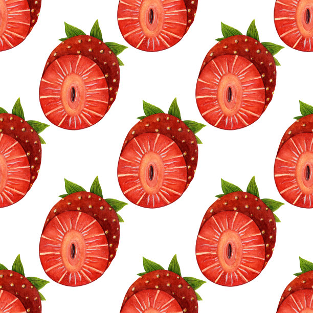 半草莓无缝水彩图案。成熟的甜浆果，叶独立在白色背景上。手绘清新夏日水果，一片多汁的田园甜点。天然有机食品图片下载