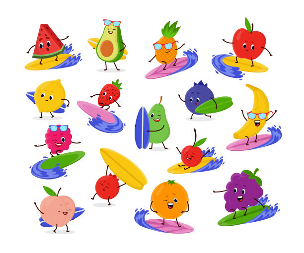 有趣的水果人物在冲浪板卡通插图设置图片下载