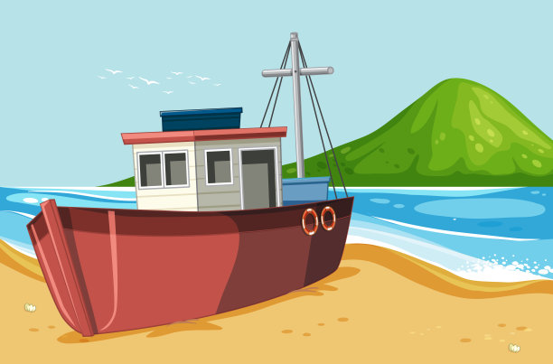 荒岛，海滩上躺着一条破船图片下载