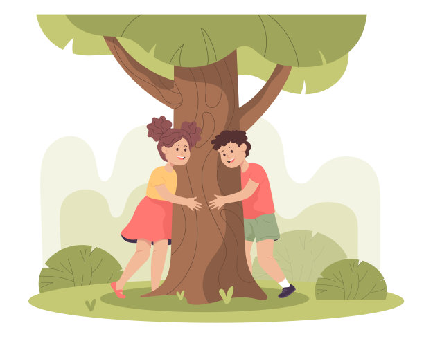 快乐的男孩和女孩拥抱树平面矢量插图图片下载