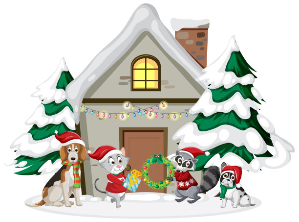 白色背景的可爱动物圣诞屋图片下载