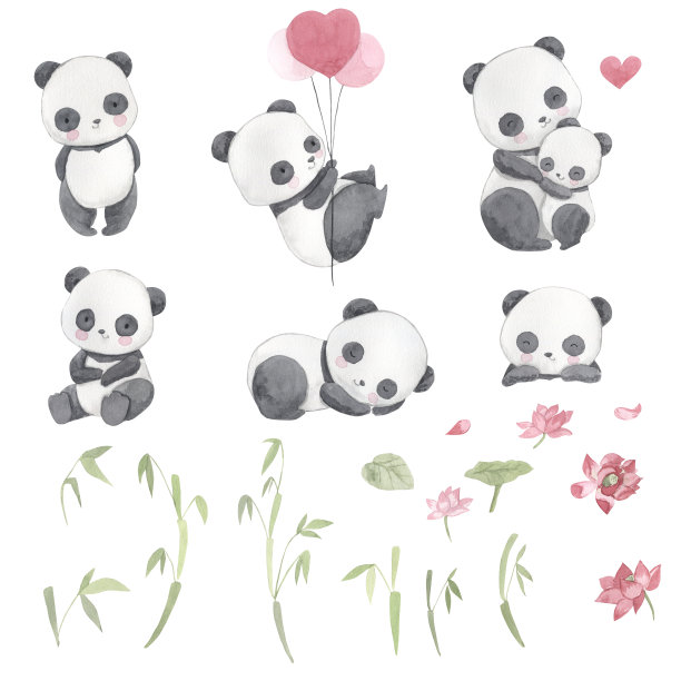 水彩熊猫插图的孩子图片下载