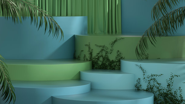 现代蓝色和绿色基座与棕榈叶和窗帘背景- 3D插图图片下载