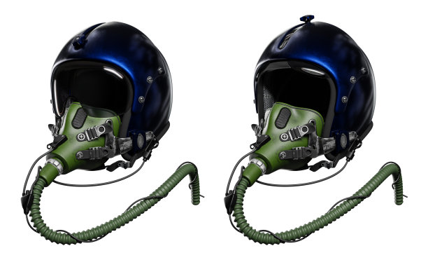 这架喷气式战斗机飞行员的装备，包括头盔和面罩，都是3D渲染的，并放在白色背景上。图片下载
