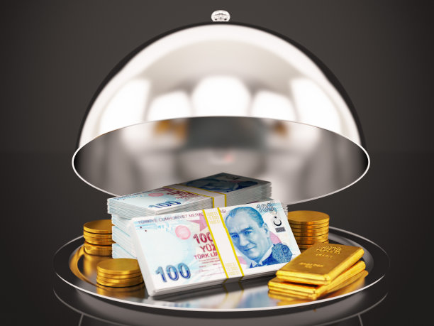 服务金元宝土耳其里拉和硬币与餐厅钟图片下载