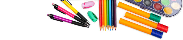 一套学校和办公用品隔离在白色。宽的照片。放置你的文本。图片下载