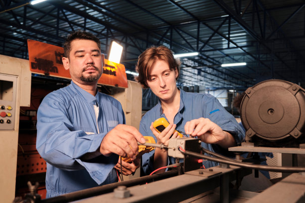 两名专业工程师在工厂检查机器的电气系统。图片下载