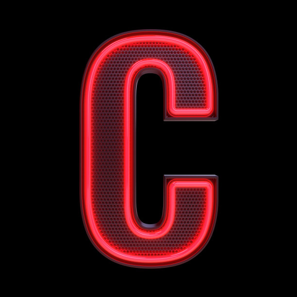 霓虹灯复古光字母C孤立在黑色背景与剪贴路径。3d插图。图片下载