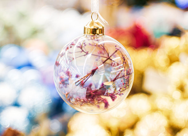 透明玻璃球与干花，圣诞节装饰品，节日装饰接近，树玩具图片下载
