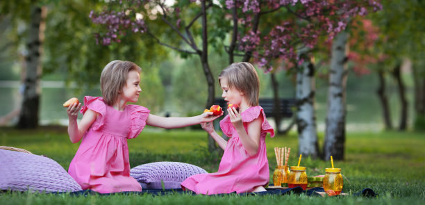 小女孩很细心，在自然公园野餐时给她的双胞胎妹妹吃桃子。孩子们穿着粉红色的裙子，留着短发图片下载