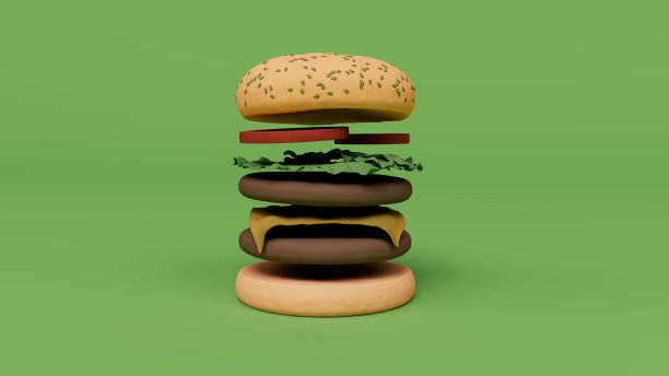 汉堡包快餐。汉堡配肉和奶酪，番茄3d渲染图片下载