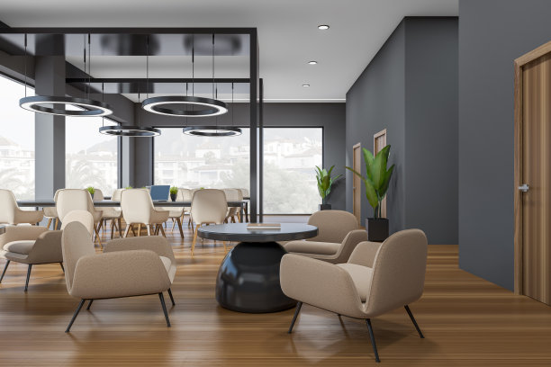 黑暗放松室内的办公室，座位和桌子与笔记本电脑，全景窗图片下载