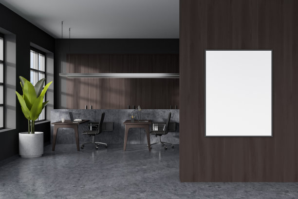 办公室内部有电脑和扶手椅，窗户可以看到城市景色。模型框架图片下载