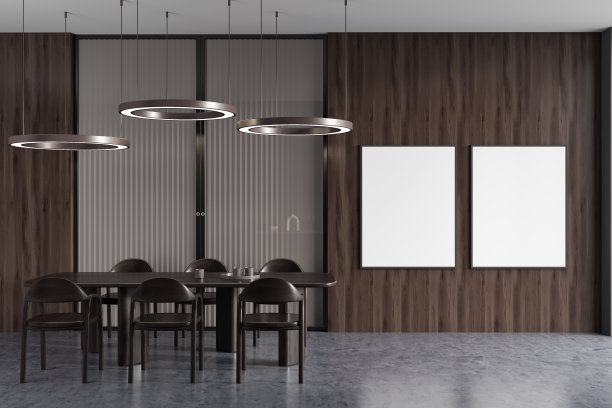 黑暗的厨房内部有座位和餐桌，模型框架图片下载