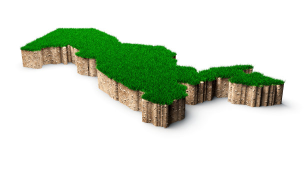 乌兹别克斯坦地图土壤土地地质剖面图与绿色的草地和岩石地面纹理3d插图图片下载