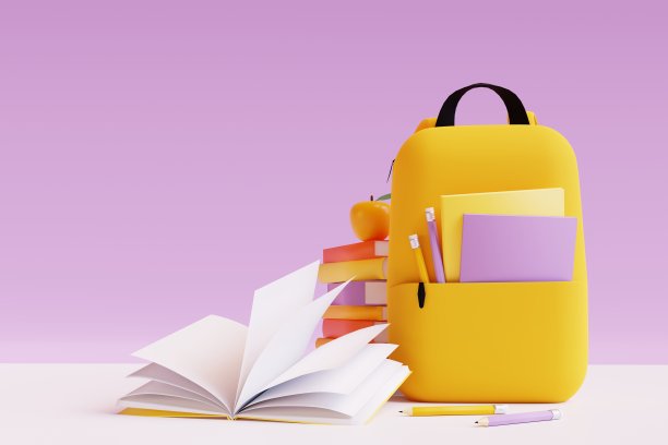 背包与不同的彩色文具在白色的桌子上。三维渲染图片下载