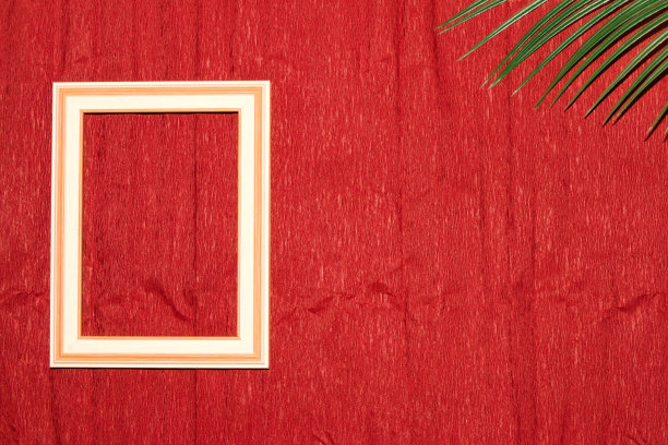 木框上左侧红色背景与它旁边的框复制空间，右侧背景棕榈叶，创意夏日背景图片下载