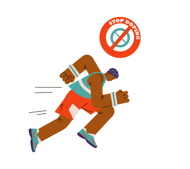 停止兴奋剂符号与运动员在比赛中奔跑，平面矢量插图孤立在白色背景。图片下载