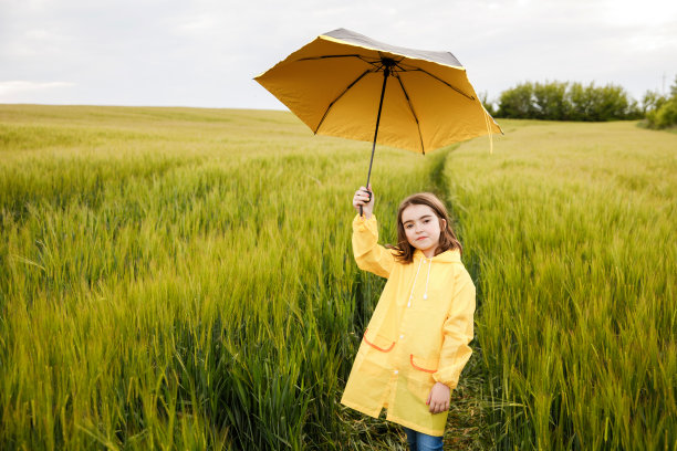 漂亮的黑发女孩站在田野里，手里拿着一把伞图片下载