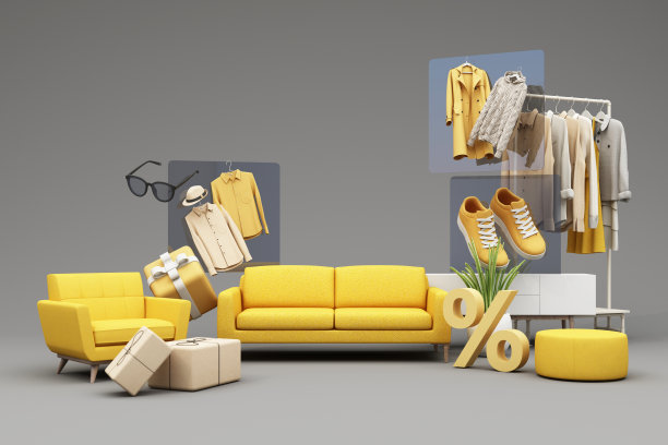 在网上购物促销和折扣期间，周围会有衬衫、鞋子、太阳镜和礼品盒和包装，广告空间横幅粉彩背景3d渲染图片下载