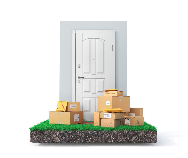 交付的概念。门边白底的纸板箱和邮包。三维演示图片下载