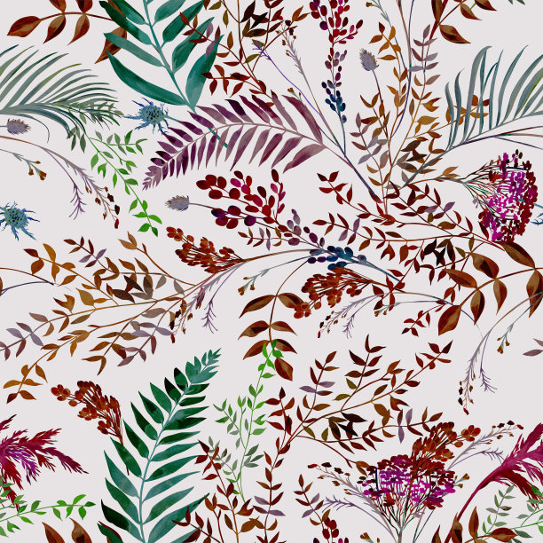 无缝水彩图案单色黑白树枝和蕨叶波西米亚风格的灰色图片下载