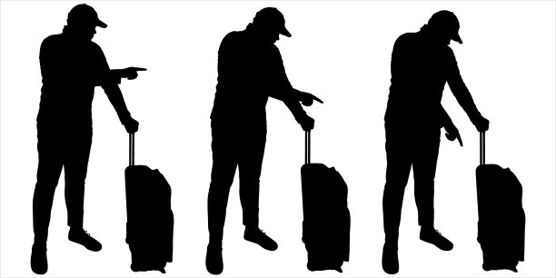 那人用他的手和手指指着下面的东西。游客带行李，抓紧包。一个大块头戴着帽子，带着轮子上的行李。孤立的三个黑人男性剪影图片下载