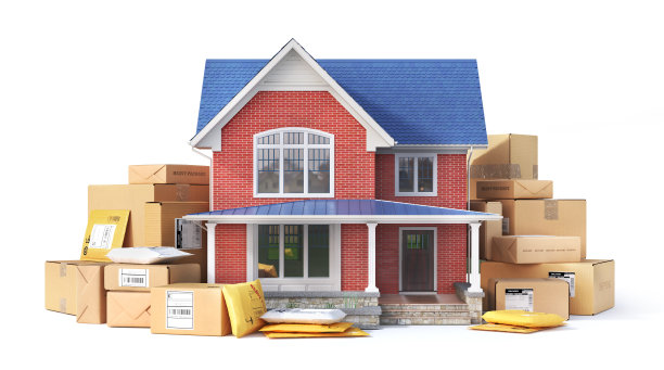 交付的概念。房子周围用白色背景的包裹。三维演示图片下载