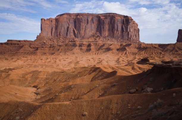 在纪念碑谷纳瓦霍部落公园，一个平台式和躺在它脚下的山谷的全景。图片下载