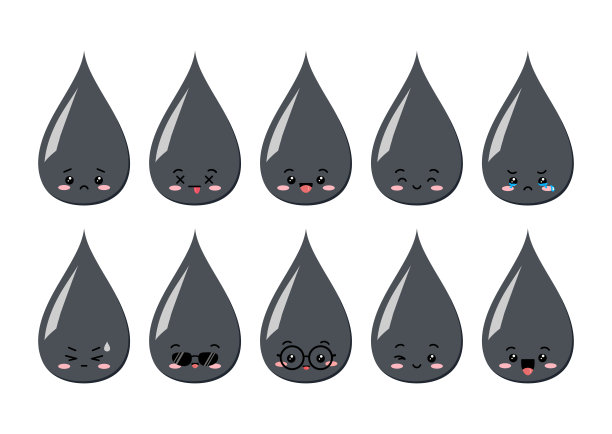 可爱的油滴角色卡哇伊集。有脸的石油或焦油吉祥物。图片下载