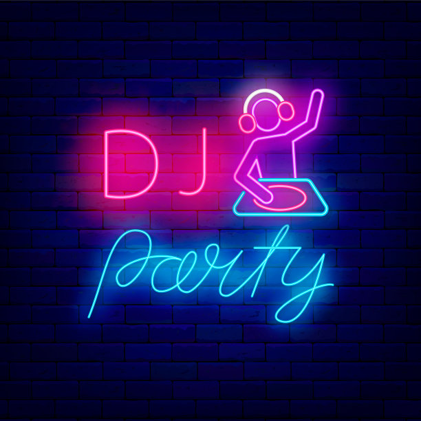 Dj派对霓虹灯招牌。音乐设备和dj。夜店活动推广。向量股票插图图片下载