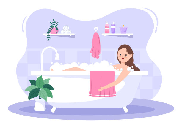 现代浴室家具室内背景插图与女孩在浴缸洗澡在平面颜色风格图片下载