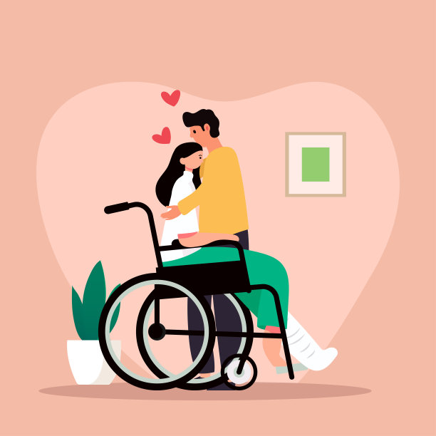 坐在轮椅上戴着腿夹板的女人拥抱着她的丈夫图片下载