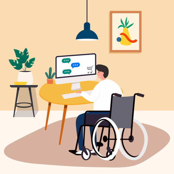 残疾人在轮椅上使用计算机工作矢量图片下载