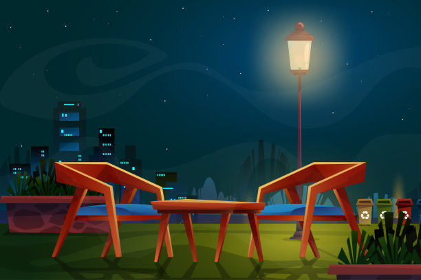 夜景与椅子和灯在公园矢量图片下载