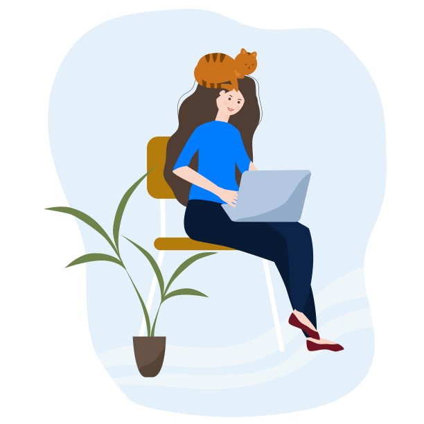 这个女孩在一个舒适的环境里用笔记本电脑工作，有一只猫和一株绿色植物。图片下载