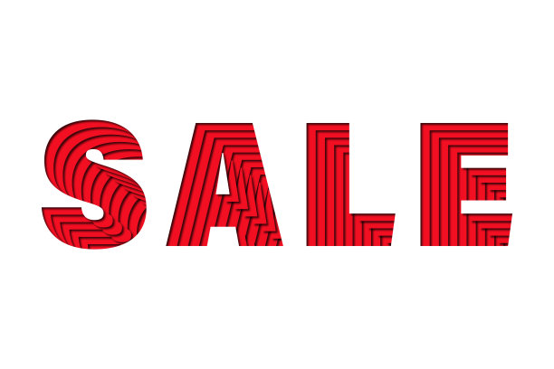 销售的词。红色字母我剪纸风格的白色背景。横幅，带墨镜的海报。图片下载