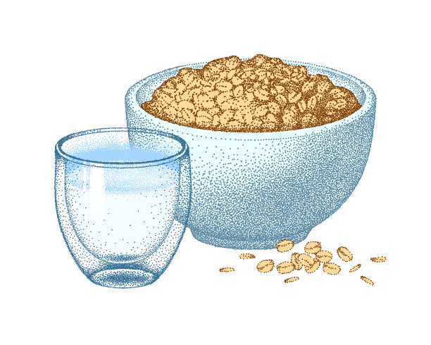 格兰诺拉麦片酸奶。碗里的燕麦粒。燕麦片健康的早餐。粥和酸奶用玻璃杯喝。燕麦片。向量现实的草图。图片下载