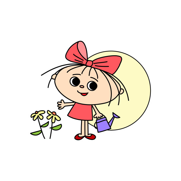 开朗的女孩带着喷壶和鲜花，手绘卡通图片下载