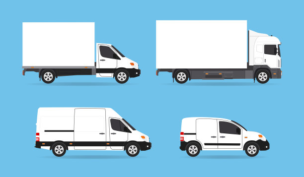 城市商业运输。送货车、卡车、货车。货车业务对象集合设计扁平化图片下载