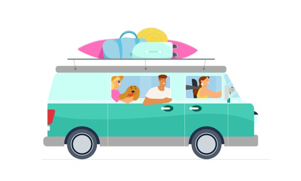 人们、朋友或家人带着狗狗开着复古面包车自驾游，行李放在车顶，这是暑假的概念。平面矢量插图孤立在白色背景上图片下载