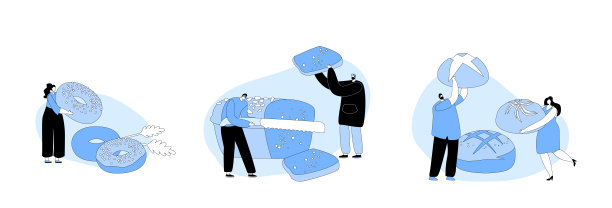 给人们树立吃面包的概念。微小的男性和女性角色呈现巨大的自制面包，甜甜圈和糕点图片下载