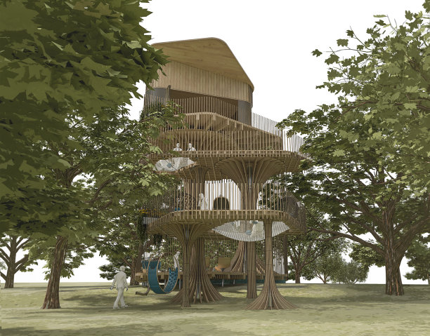 美丽的建筑树屋结构在一个豪华野营的3d综合体图片下载