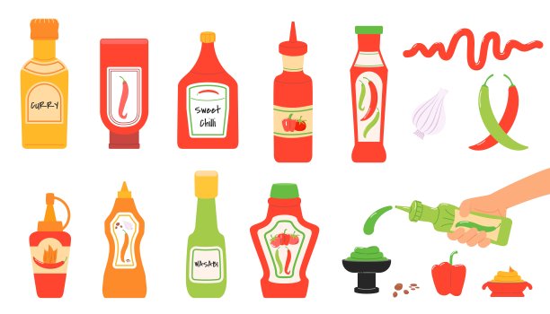 不同的酱汁。番茄酱，咖喱和辣酱辣椒。小碗小瓶的番茄酱和蛋黄酱。辛辣食物和芥末不错的向量集图片下载