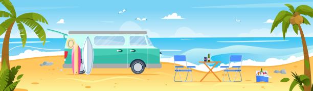 沙滩上的复古旅行车，还有冲浪板。露营，自驾游，夏日概念。野餐椅和桌子。平面矢量插图，热带景观图片下载