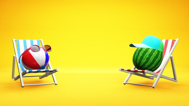 黄色背景的躺椅上有沙滩球和西瓜。暑假旅游度假概念。三维渲染图片下载