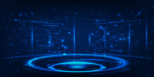 未来数字蓝色霓虹灯曲线阶段的矢量插图，高科技广告和游戏展示周围的数字元素。图片下载