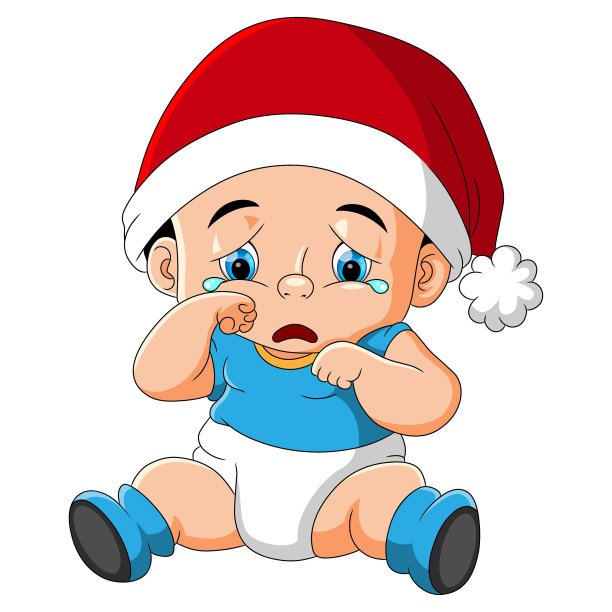 戴着圣诞老人帽子的小男孩坐在那里哭图片下载
