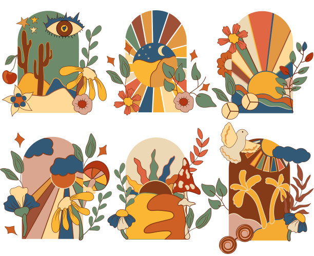 70年代复古海报，复古夕阳背景，蘑菇，树叶，复古花朵，鸽子。抽象的日落的海报。复古嬉皮风格。矢量图图片下载