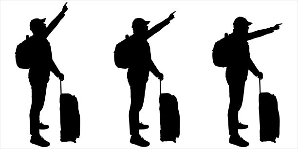 一个带轮子的旅行箱的游客用手指示方向。一个戴着帽子，背着背包和行李的年轻人。侧视图,概要文件。该角色适合分阶段动画。图片下载